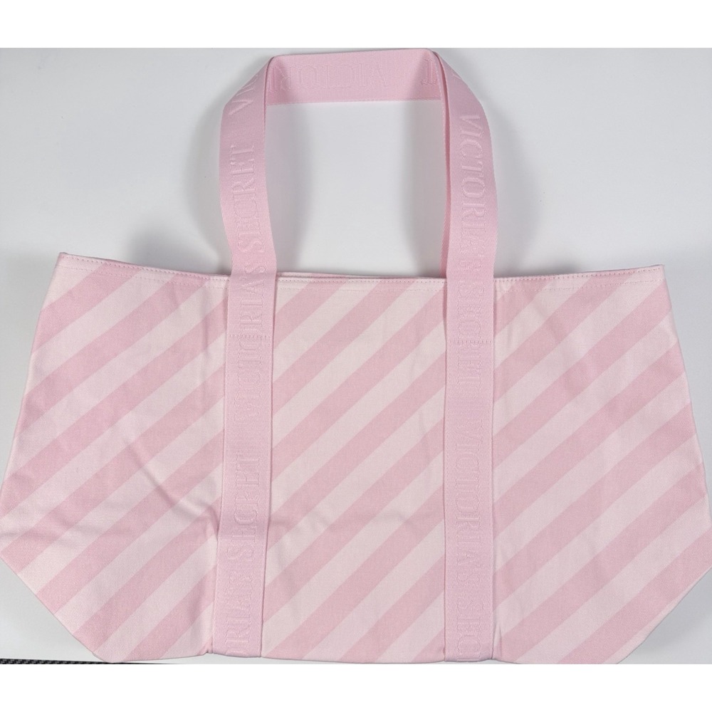 Victoria's Secret Heritage Stripe Canvas Tote Bag Light Pink Diagonal Logo NWT